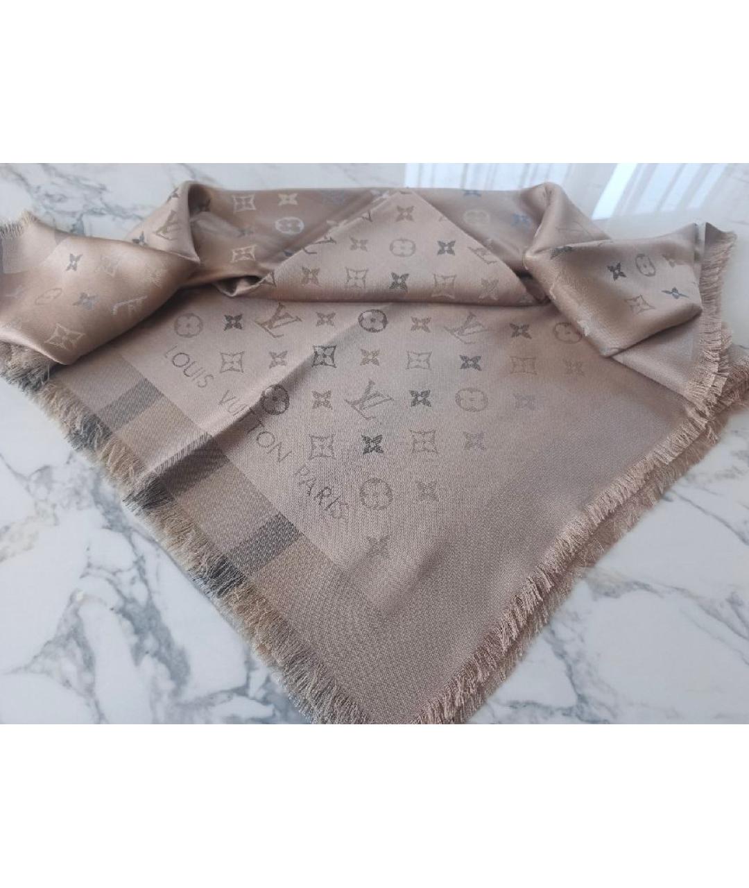 LOUIS VUITTON Бежевый шелковый платок, фото 8