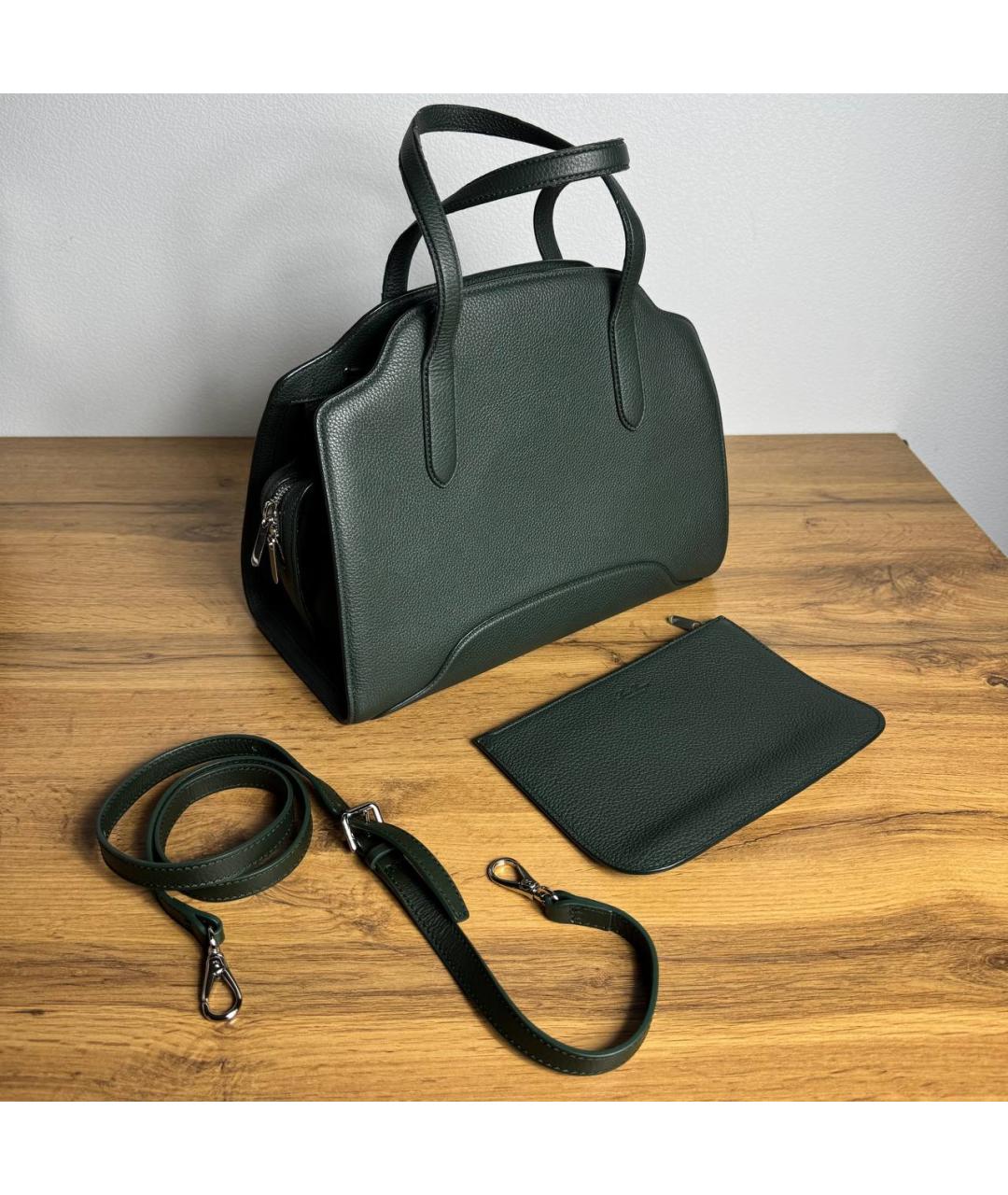 LORO PIANA Зеленая кожаная сумка с короткими ручками, фото 2