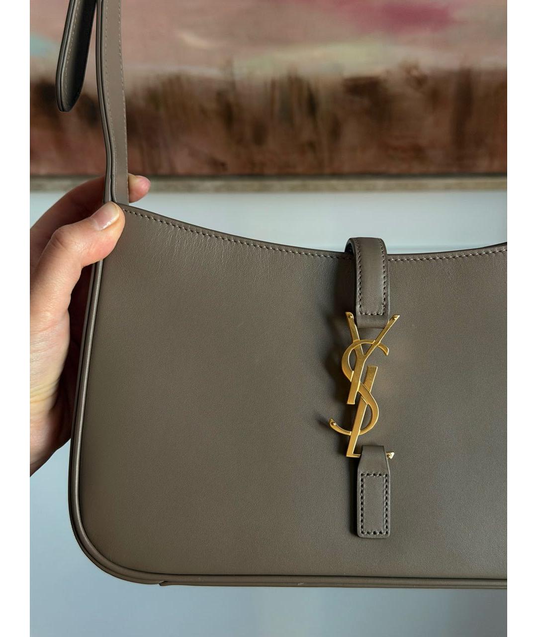 SAINT LAURENT Хаки кожаная сумка с короткими ручками, фото 7