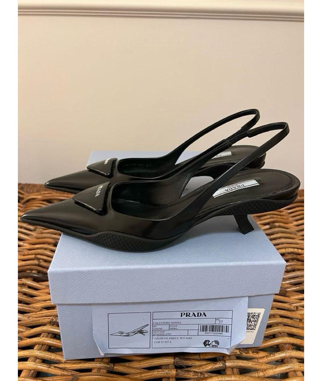 PRADA Черные кожаные лодочки на низком каблуке, фото 4