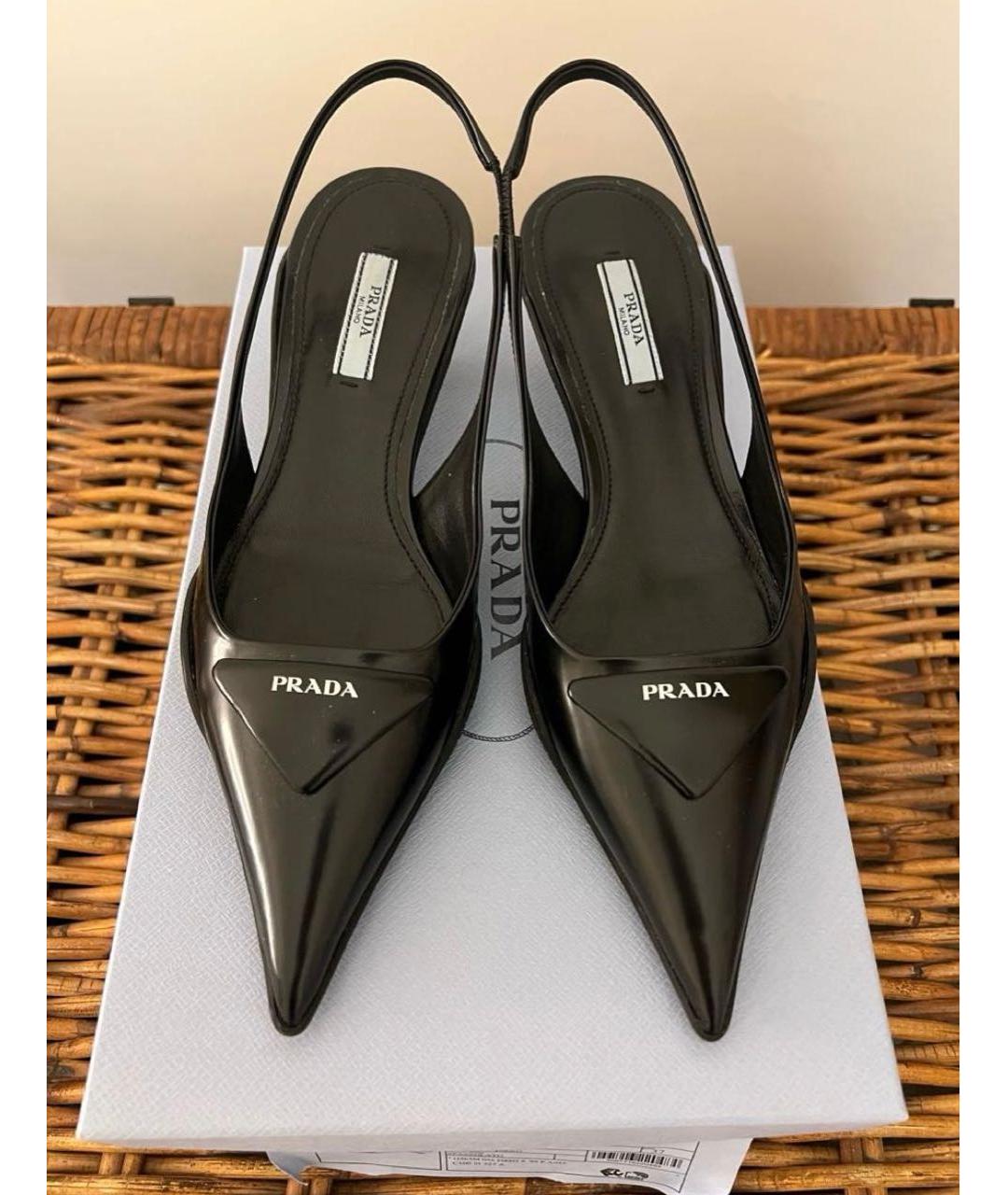 PRADA Черные кожаные лодочки на низком каблуке, фото 2