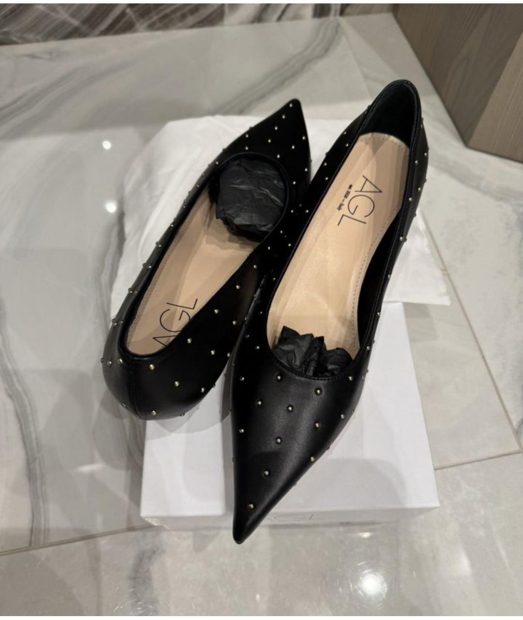 AGL Черные кожаные лодочки на низком каблуке, фото 2