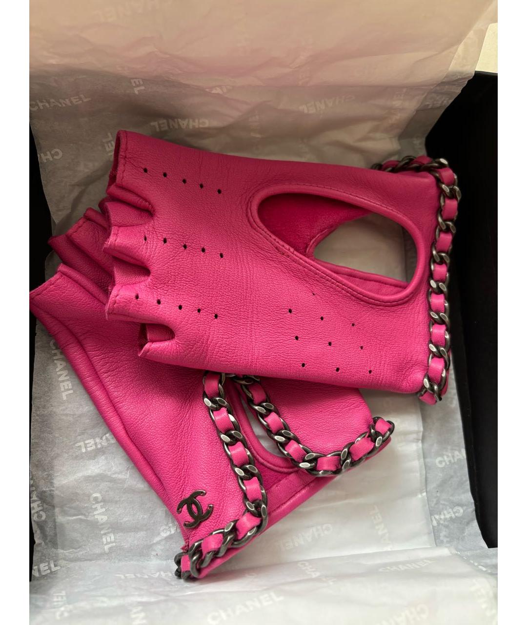 CHANEL Розовые кожаные митенки, фото 3