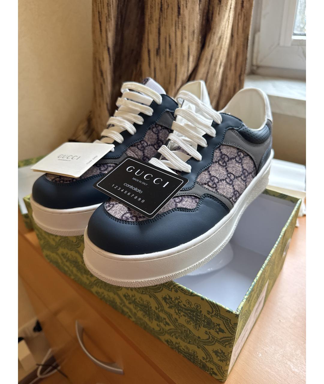 GUCCI Темно-синие кожаные высокие кроссовки / кеды, фото 2