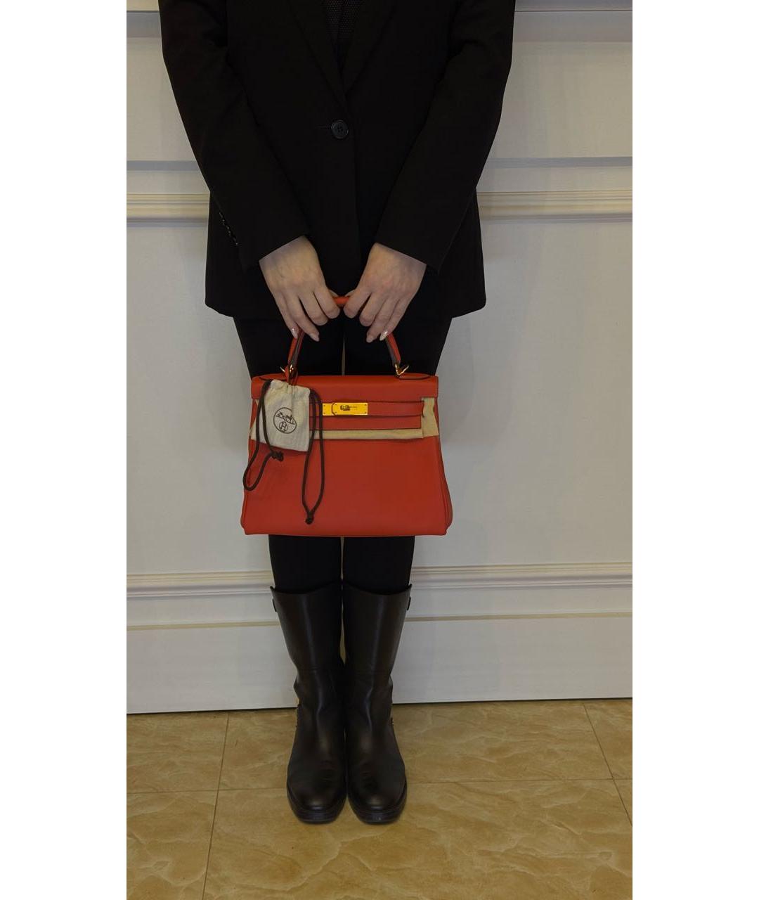 HERMES Коралловая кожаная сумка с короткими ручками, фото 7