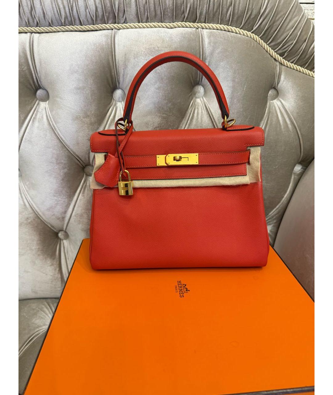 HERMES Коралловая кожаная сумка с короткими ручками, фото 9