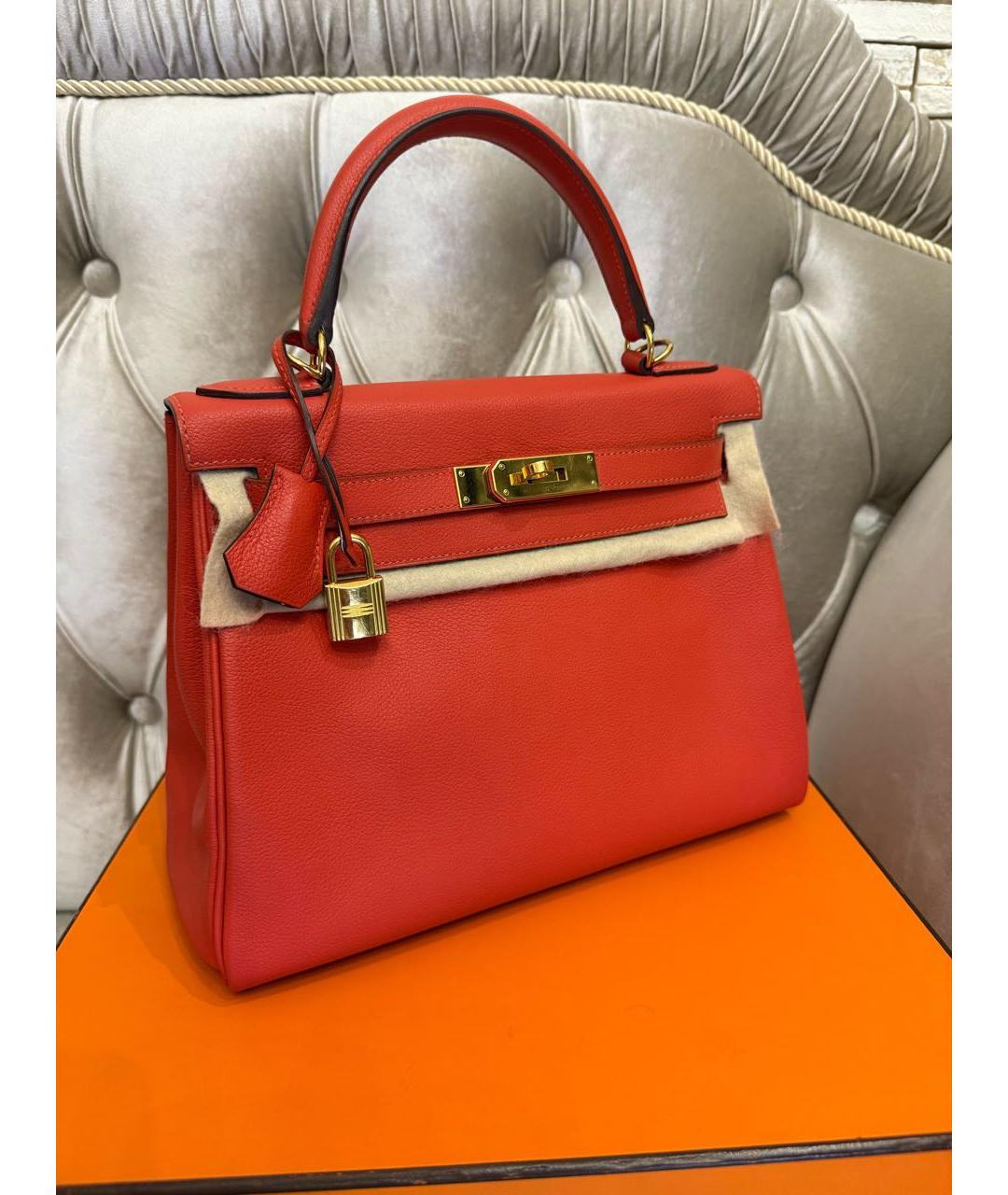 HERMES Коралловая кожаная сумка с короткими ручками, фото 2