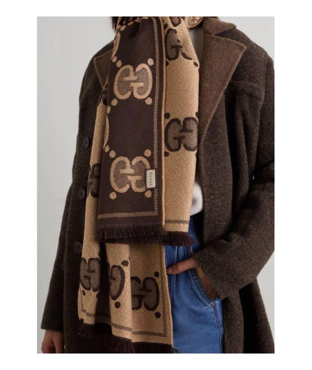 GUCCI Коричневый шерстяной шарф, фото 2