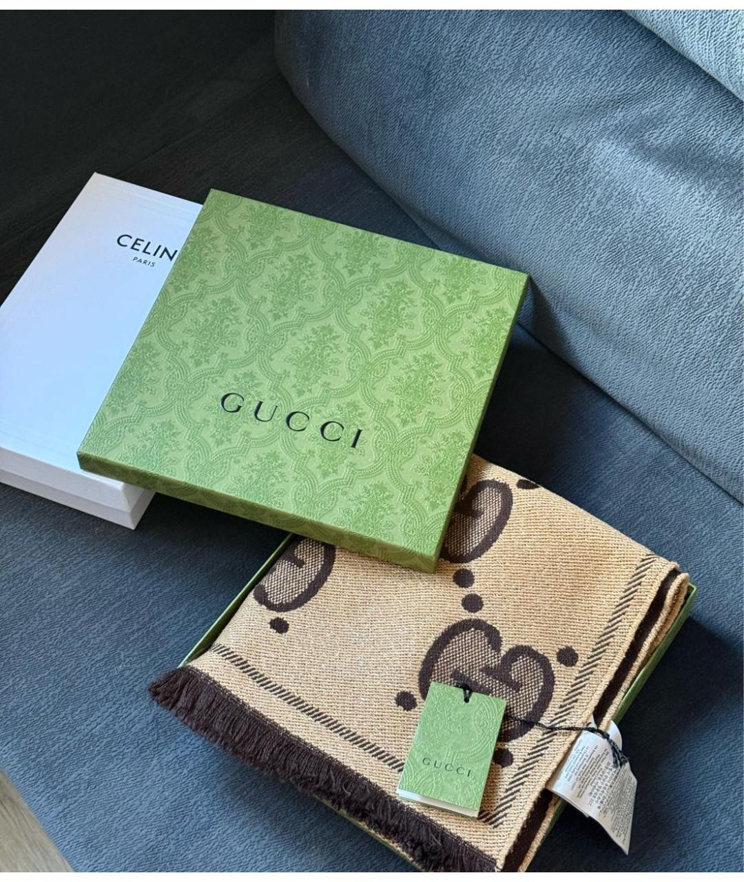 GUCCI Коричневый шерстяной шарф, фото 6