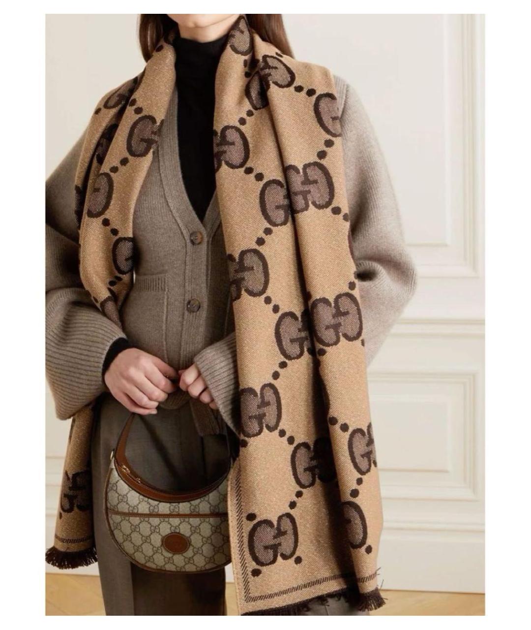 GUCCI Коричневый шерстяной шарф, фото 3