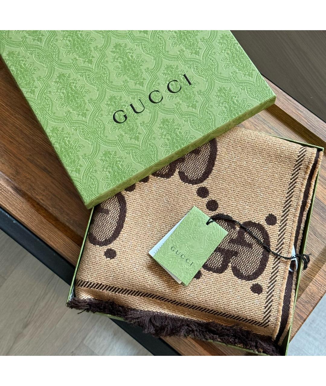 GUCCI Коричневый шерстяной шарф, фото 4