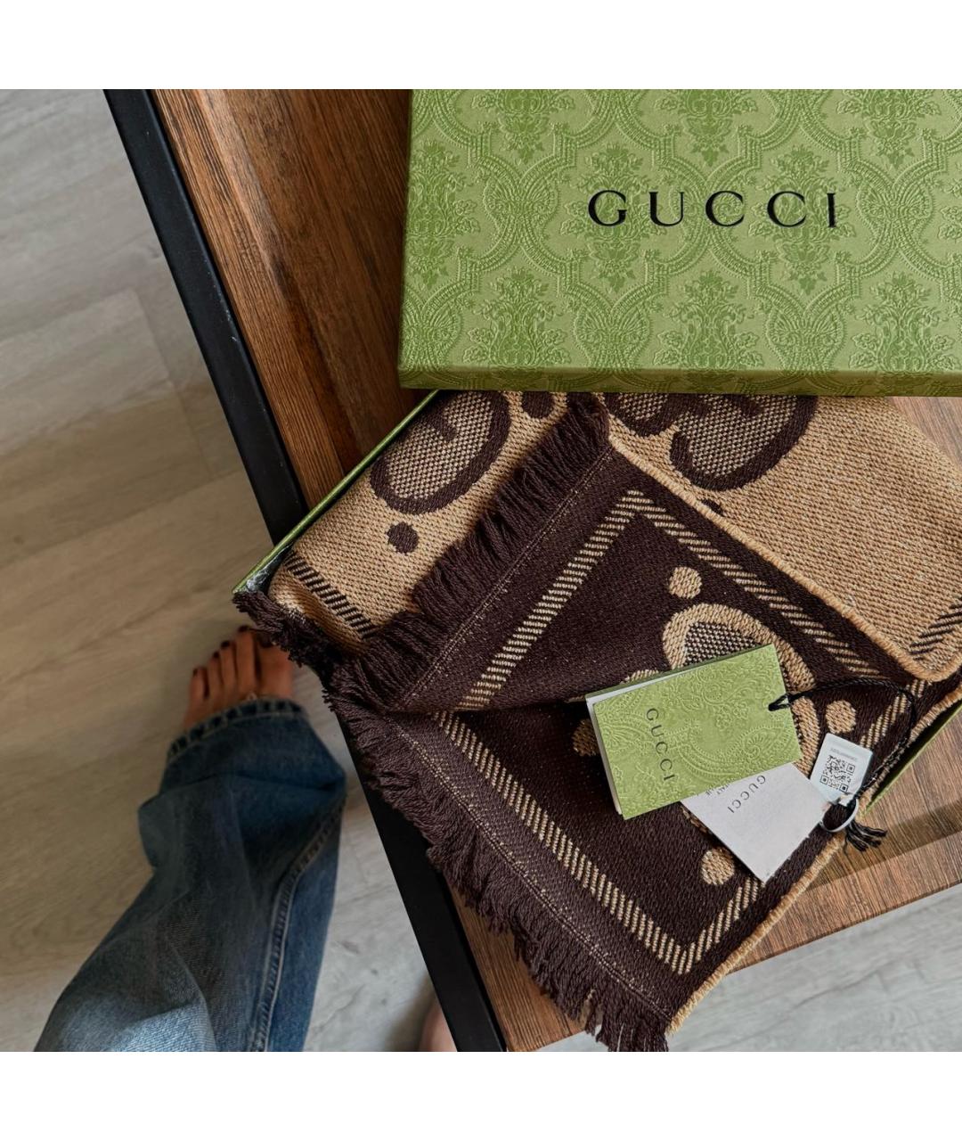 GUCCI Коричневый шерстяной шарф, фото 5