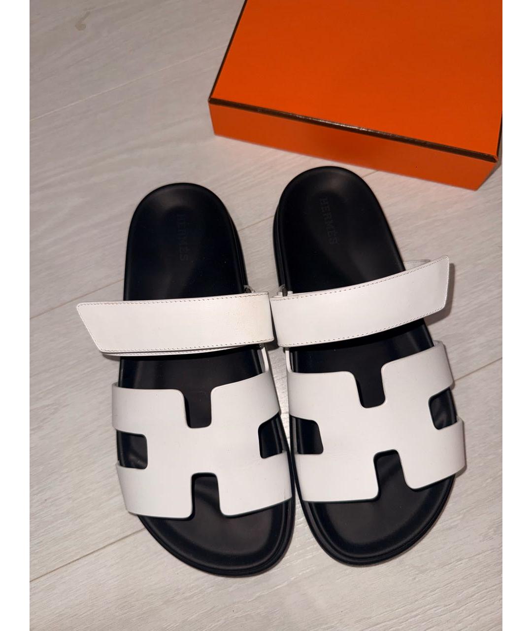 HERMES Белые кожаные шлепанцы, фото 3