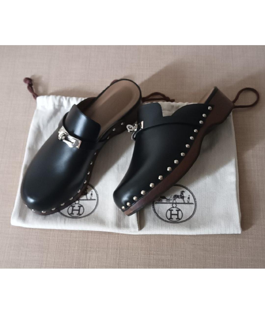 HERMES Черные кожаные сабо, фото 2