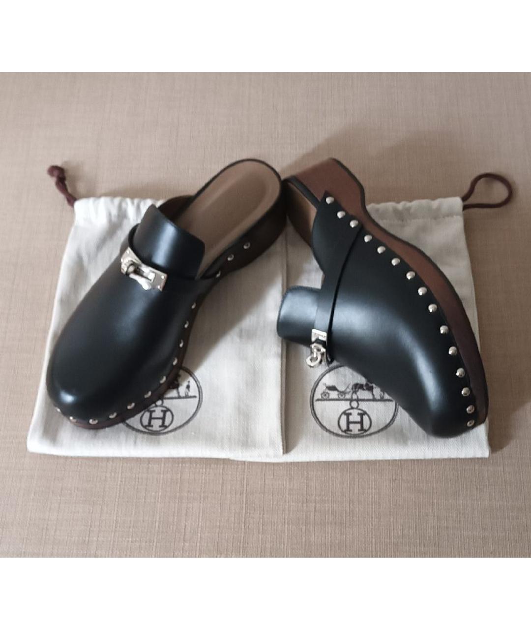 HERMES Черные кожаные сабо, фото 2