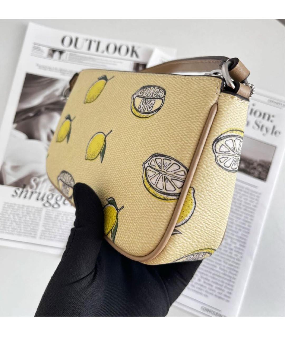 COACH Желтая кожаная сумка с короткими ручками, фото 7