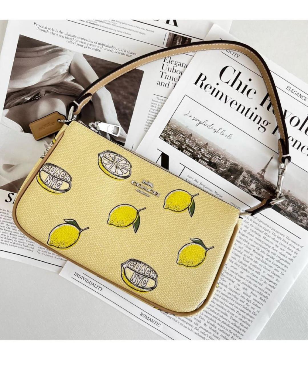 COACH Желтая кожаная сумка с короткими ручками, фото 2