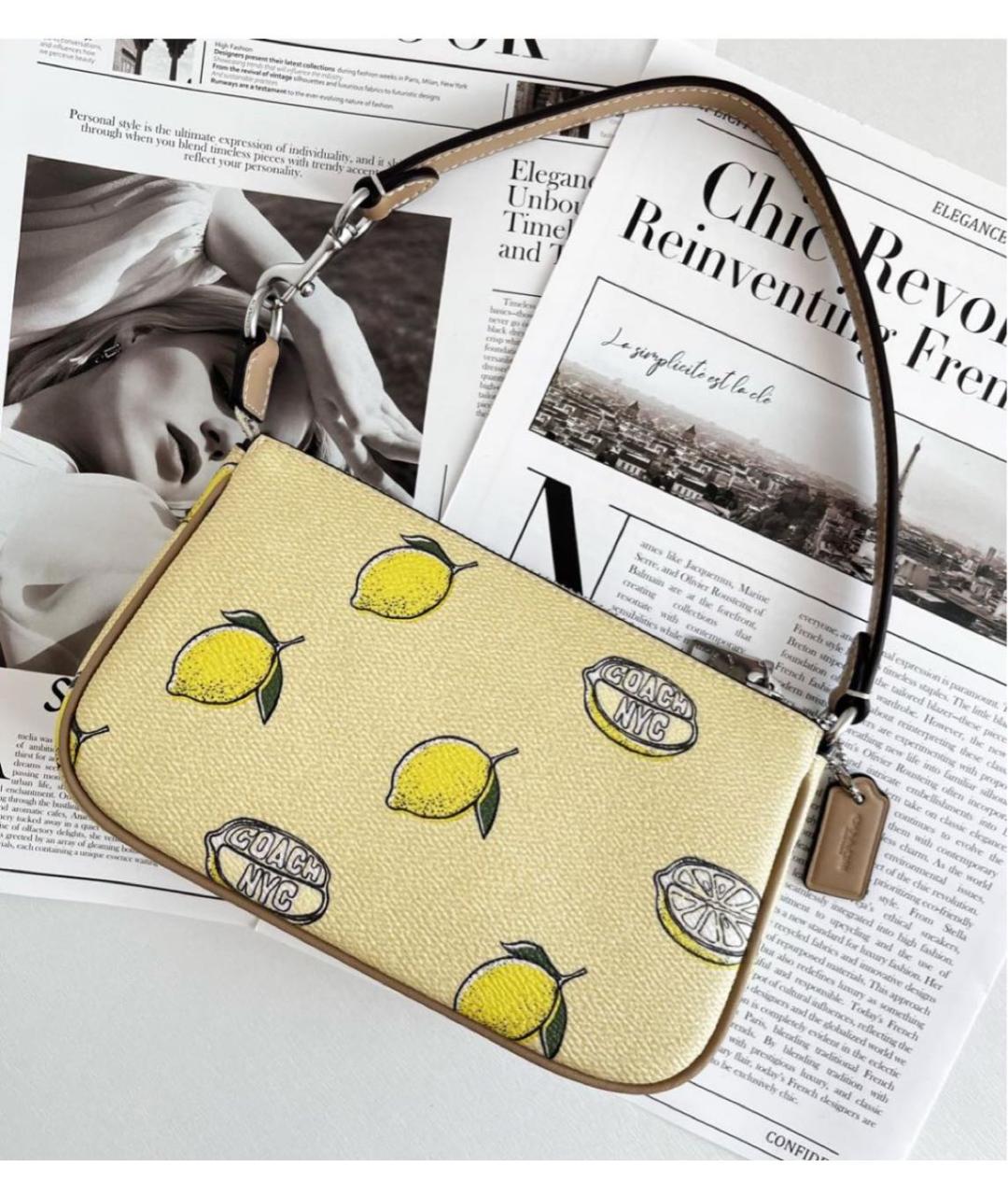 COACH Желтая кожаная сумка с короткими ручками, фото 3