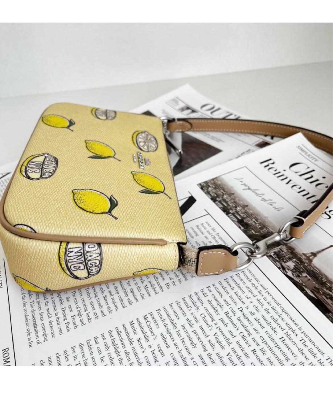 COACH Желтая кожаная сумка с короткими ручками, фото 4