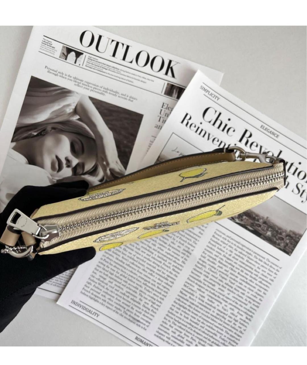 COACH Желтая кожаная сумка с короткими ручками, фото 5