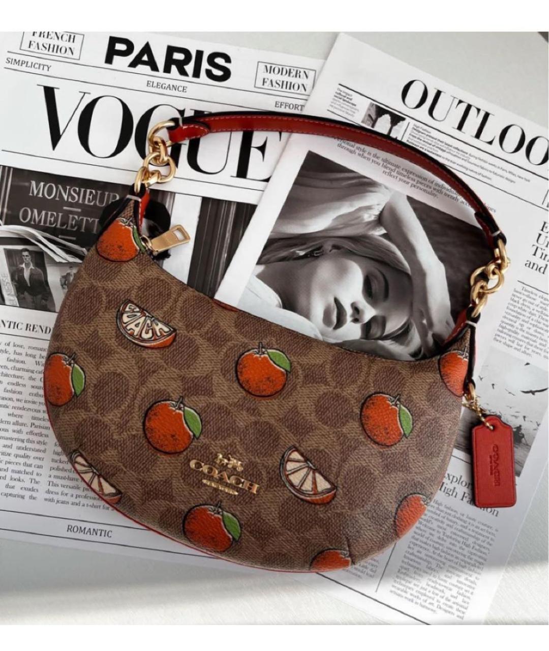 COACH Коричневая кожаная сумка с короткими ручками, фото 2