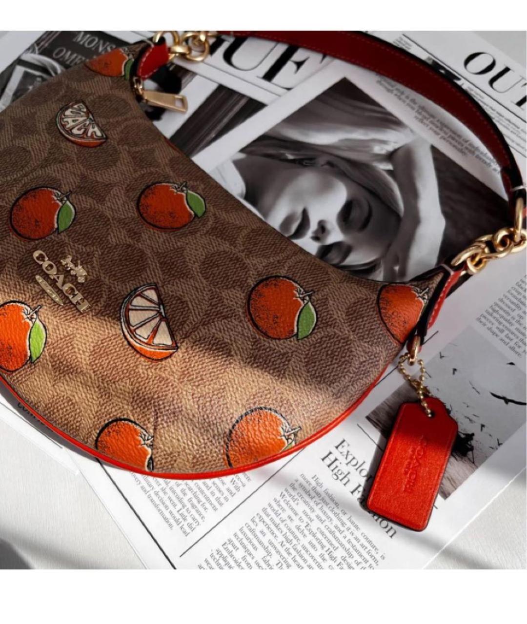 COACH Коричневая кожаная сумка с короткими ручками, фото 4