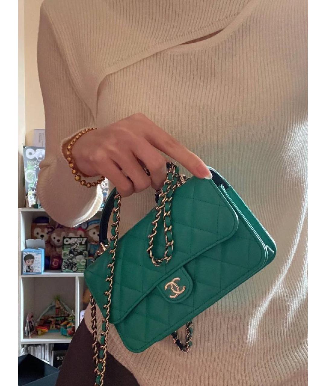 CHANEL Зеленая кожаная сумка с короткими ручками, фото 9