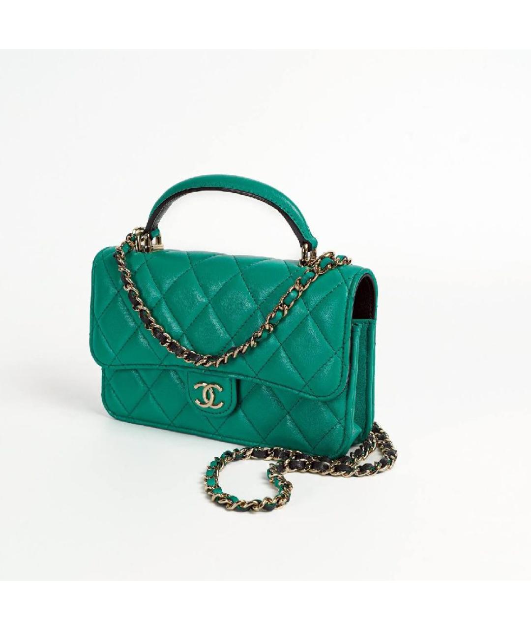 CHANEL Зеленая кожаная сумка с короткими ручками, фото 5