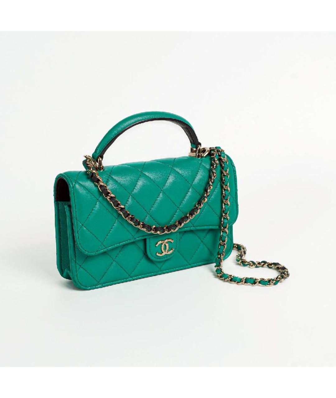 CHANEL Зеленая кожаная сумка с короткими ручками, фото 3