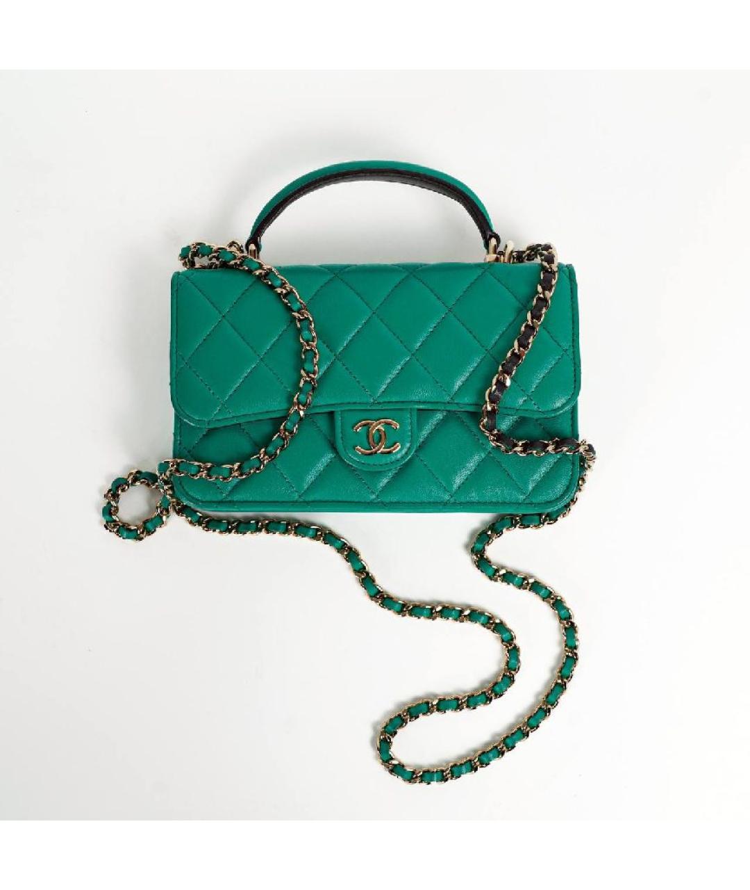 CHANEL Зеленая кожаная сумка с короткими ручками, фото 4