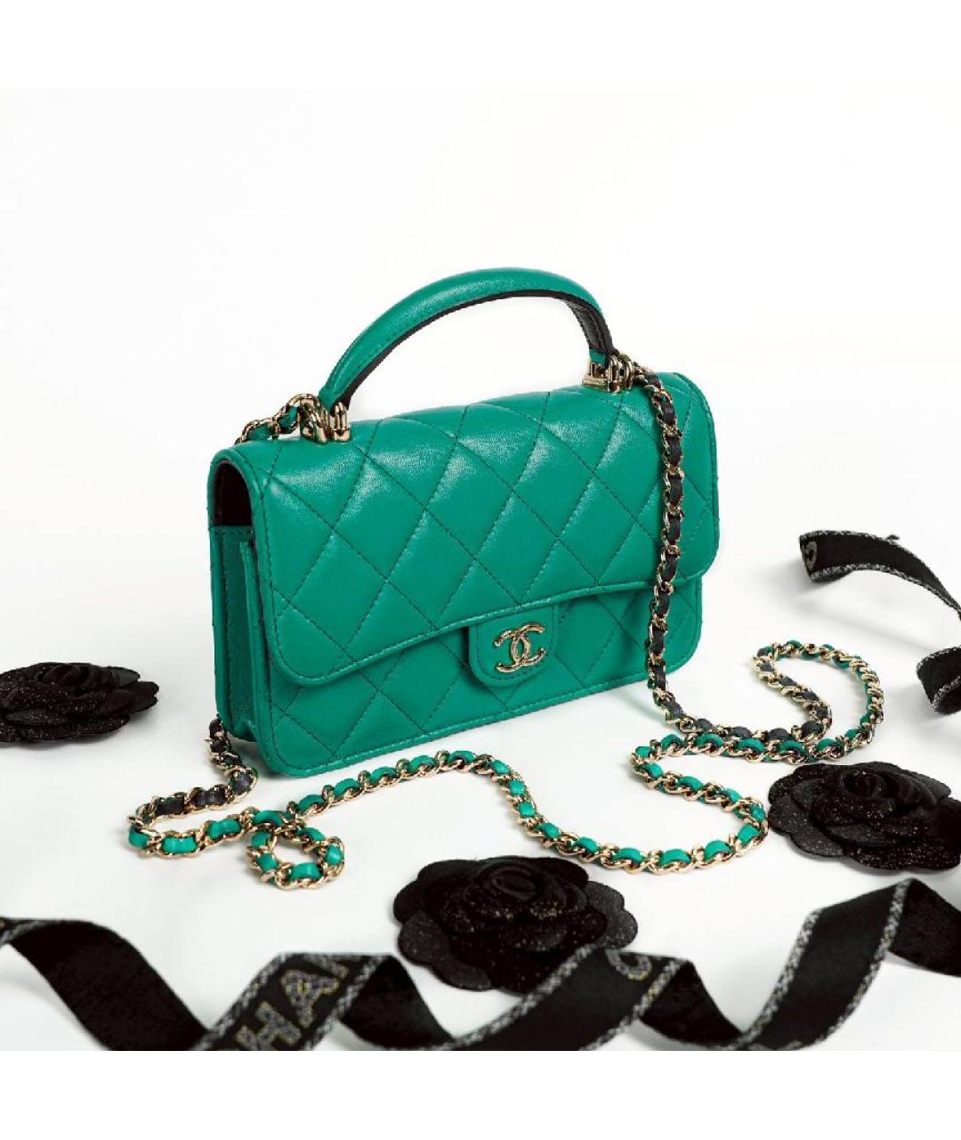 CHANEL Зеленая кожаная сумка с короткими ручками, фото 6