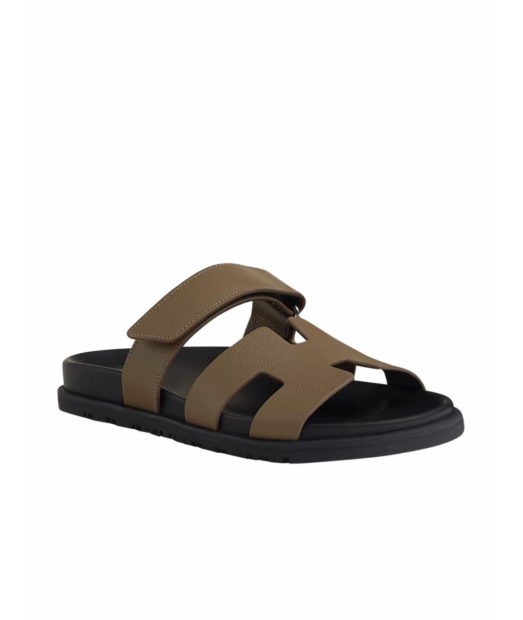 HERMES Хаки кожаные шлепанцы, фото 1