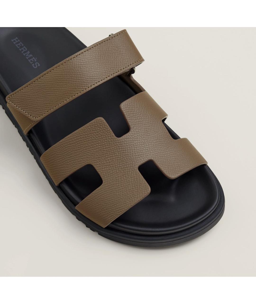 HERMES Хаки кожаные шлепанцы, фото 2