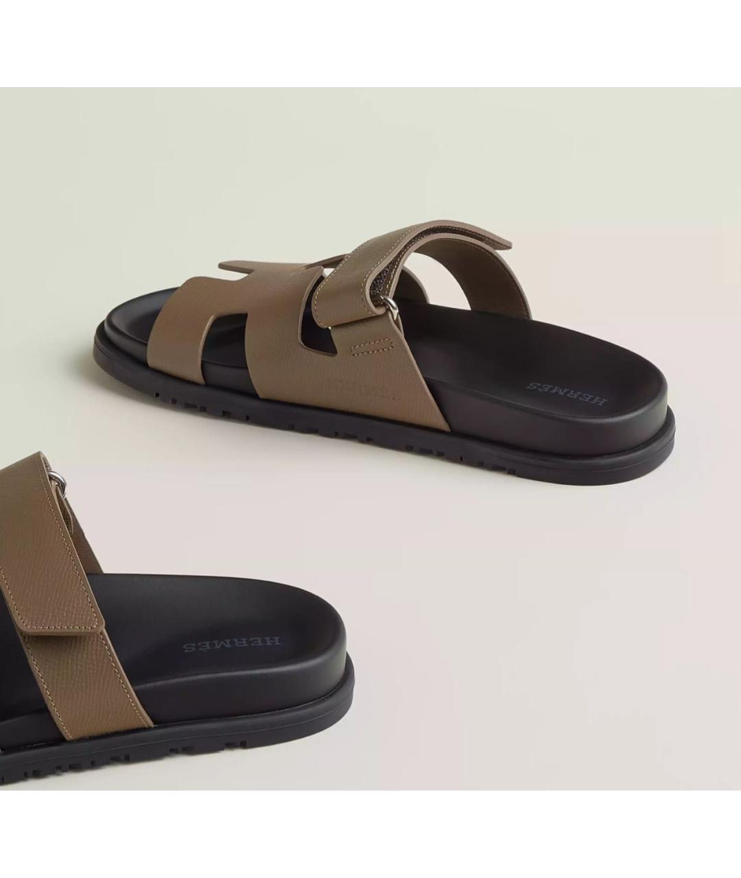 HERMES Хаки кожаные шлепанцы, фото 3