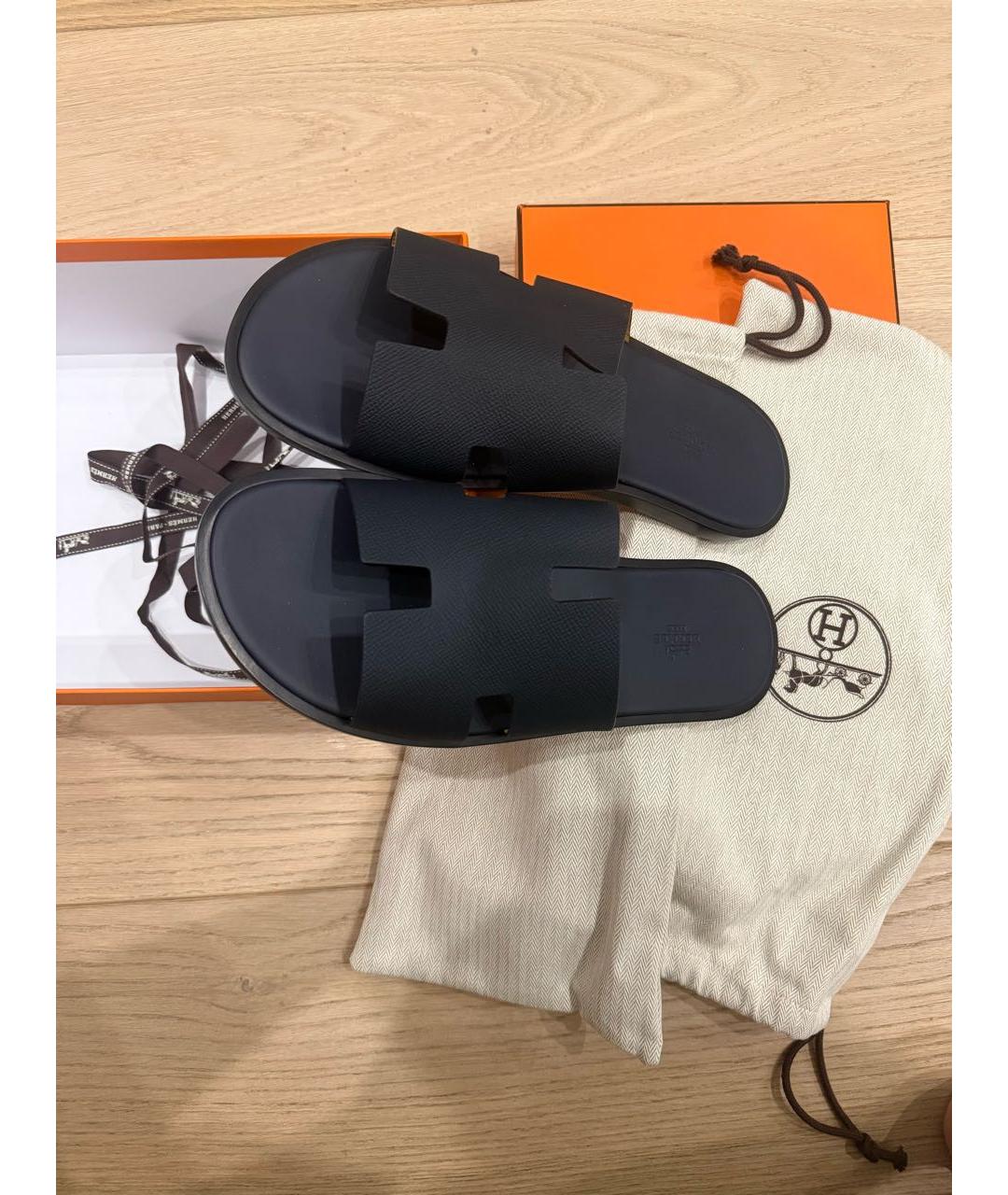 HERMES Темно-синие кожаные шлепанцы, фото 2