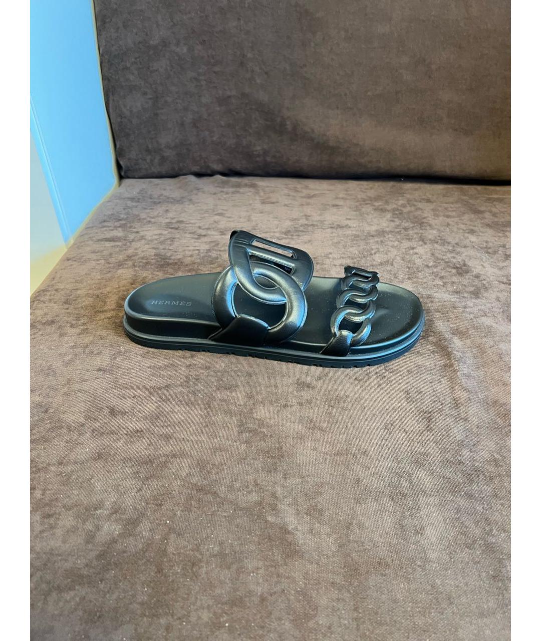 HERMES Черные кожаные шлепанцы, фото 6