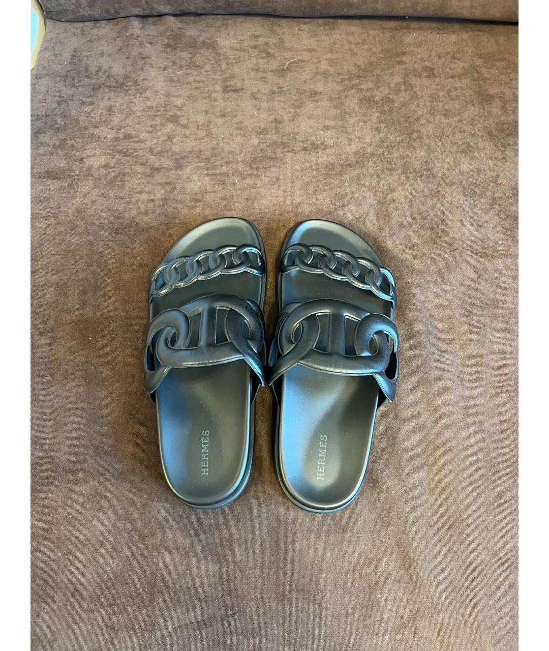HERMES Черные кожаные шлепанцы, фото 3