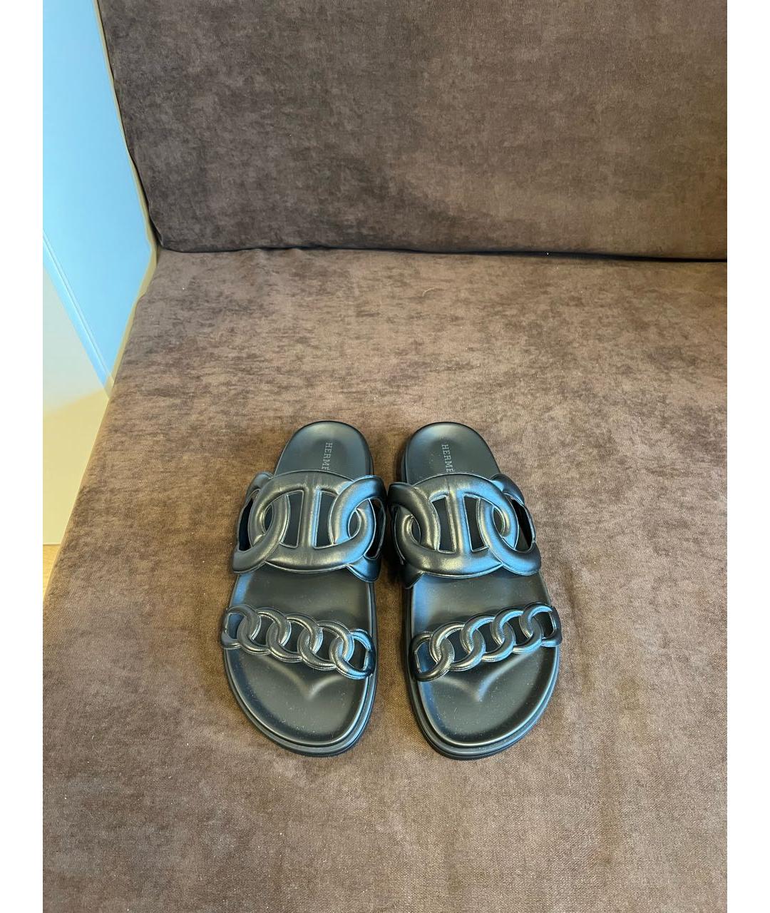 HERMES Черные кожаные шлепанцы, фото 2