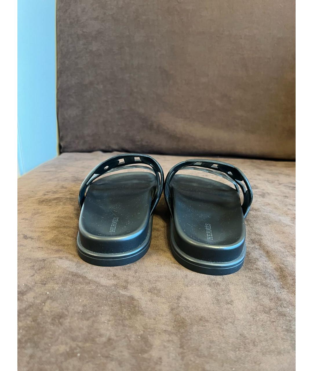 HERMES Черные кожаные шлепанцы, фото 4