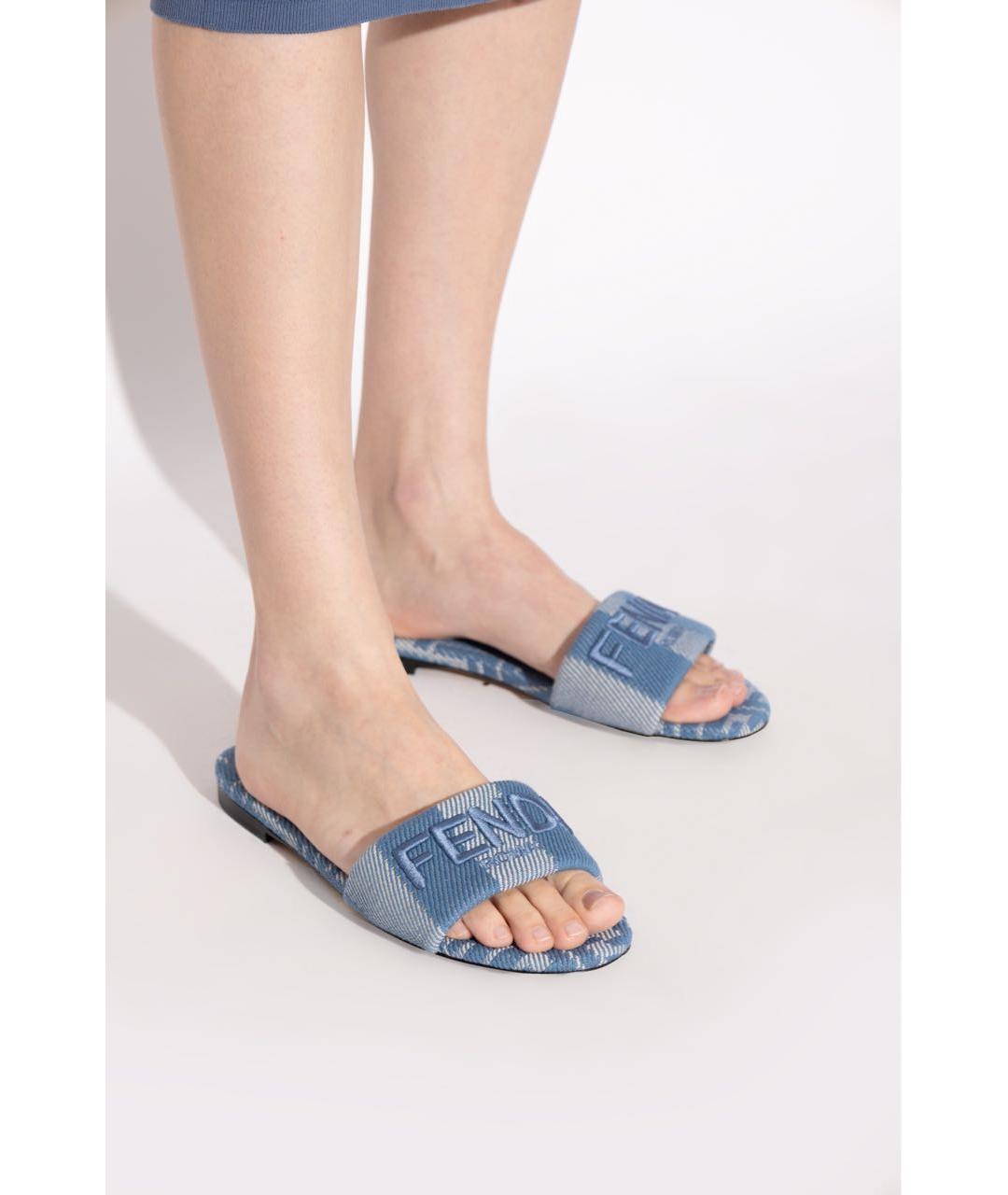 FENDI Синие текстильные шлепанцы, фото 5