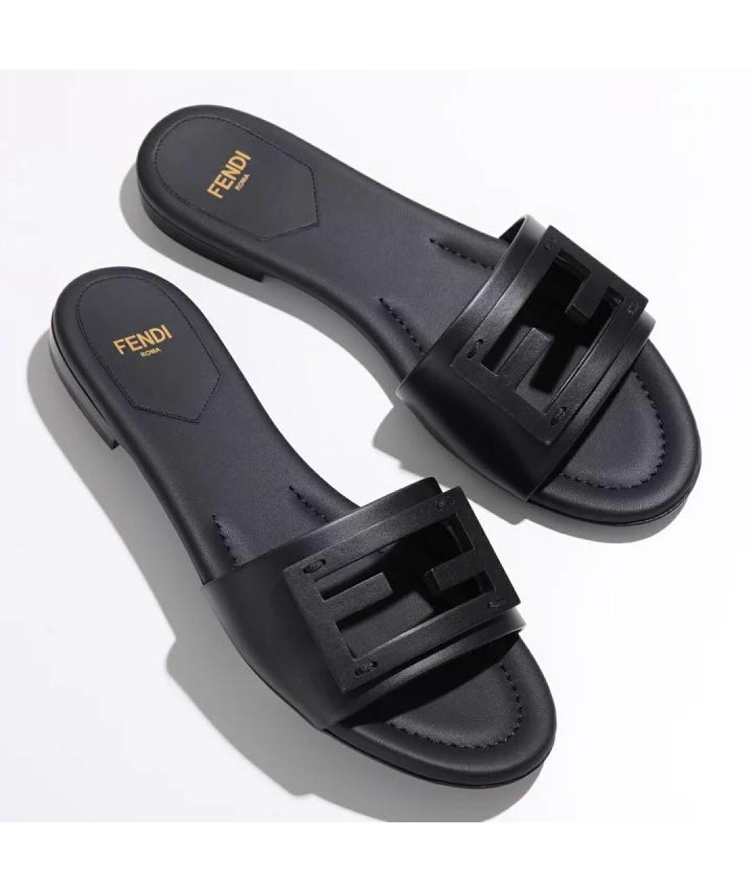 FENDI Черные кожаные шлепанцы, фото 5