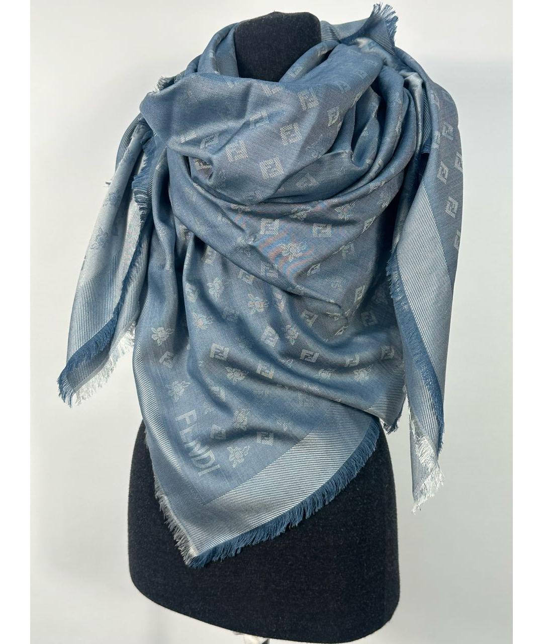 FENDI Синий шерстяной платок, фото 4