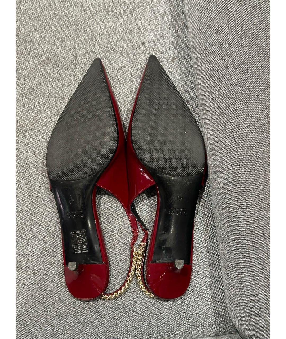 GUCCI Бордовые лодочки на низком каблуке из лакированной кожи, фото 7