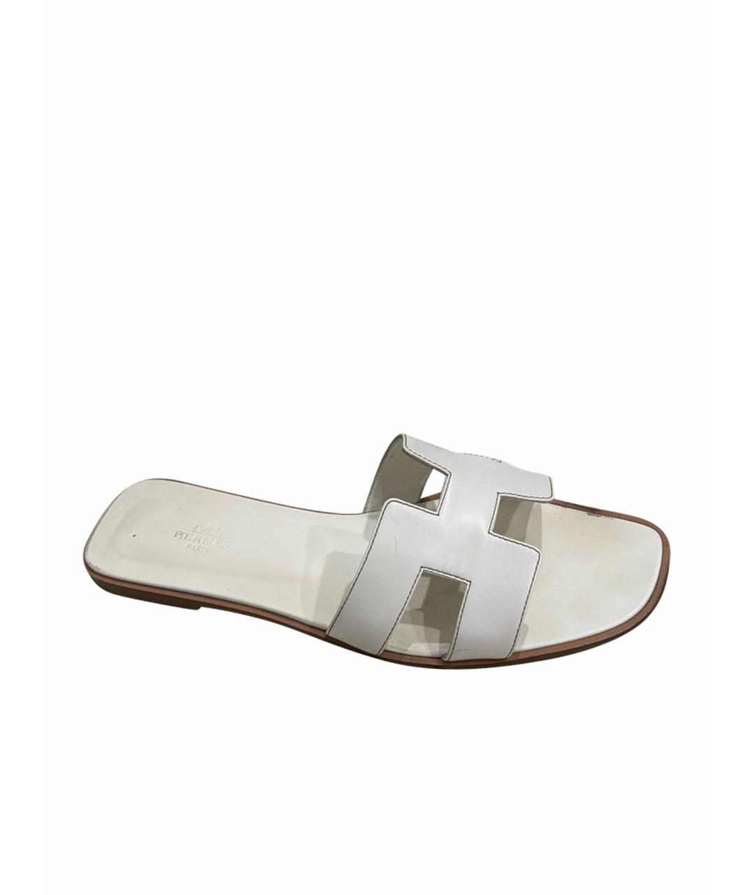 HERMES Белые кожаные шлепанцы, фото 1