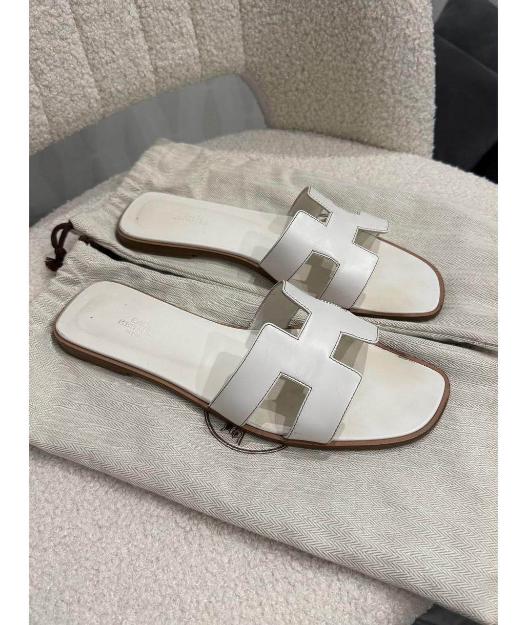 HERMES Белые кожаные шлепанцы, фото 4