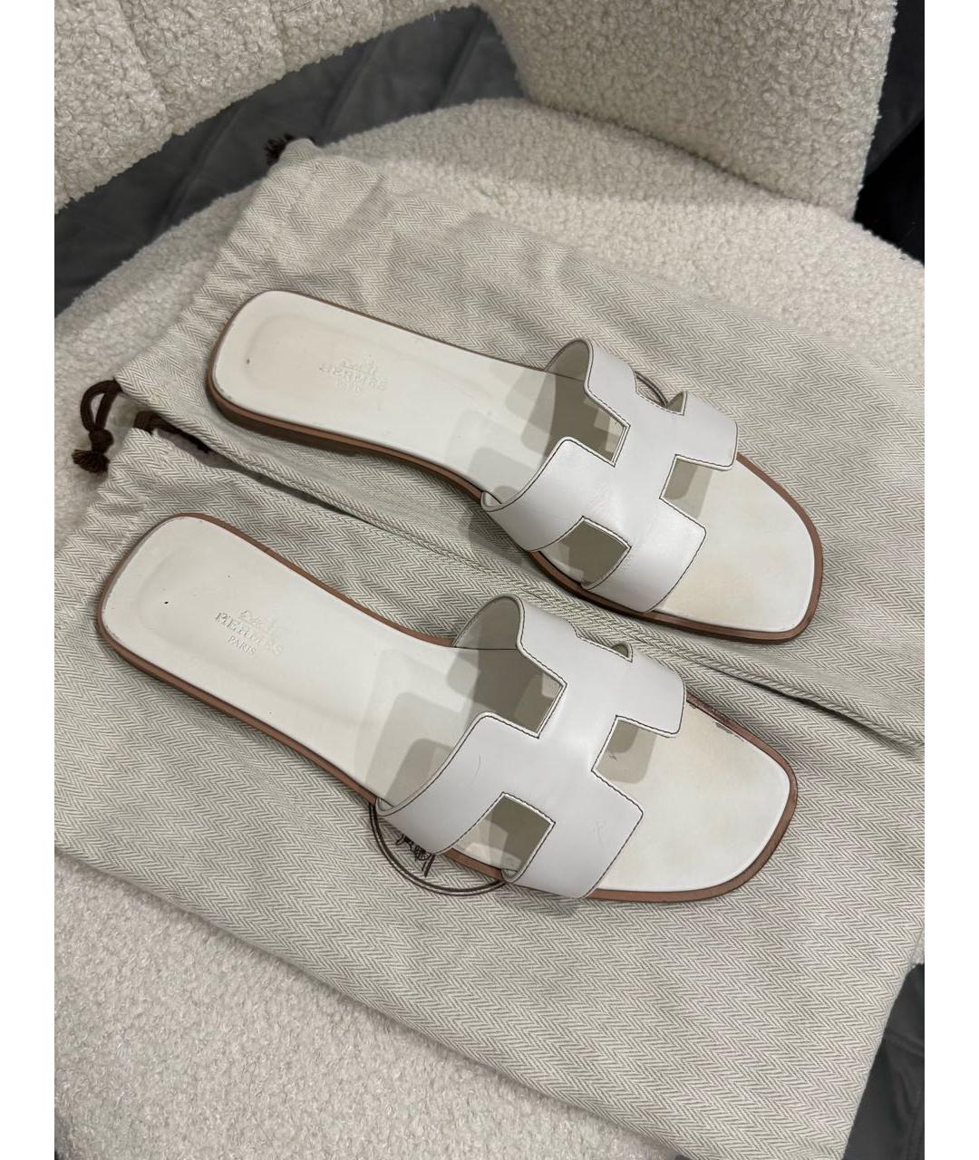 HERMES Белые кожаные шлепанцы, фото 2