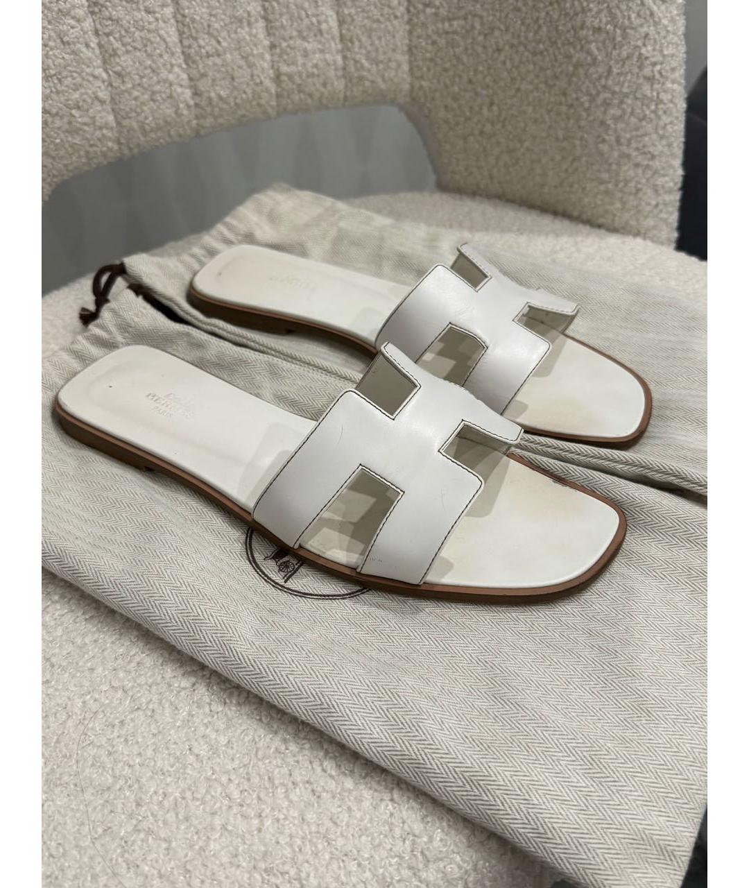 HERMES Белые кожаные шлепанцы, фото 3