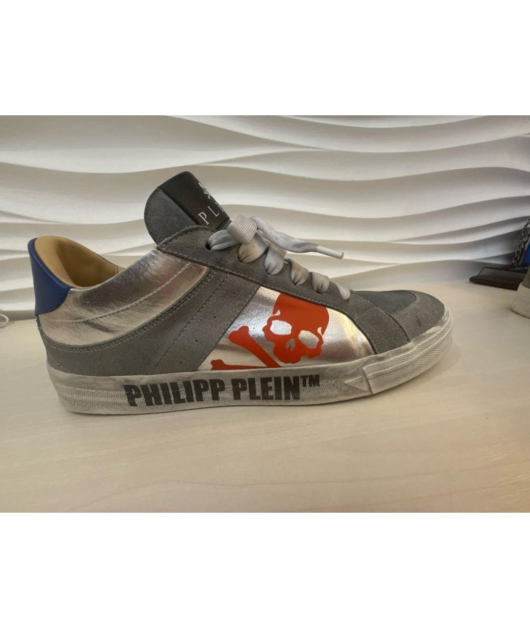 PHILIPP PLEIN Серебряные кожаные низкие кроссовки / кеды, фото 5