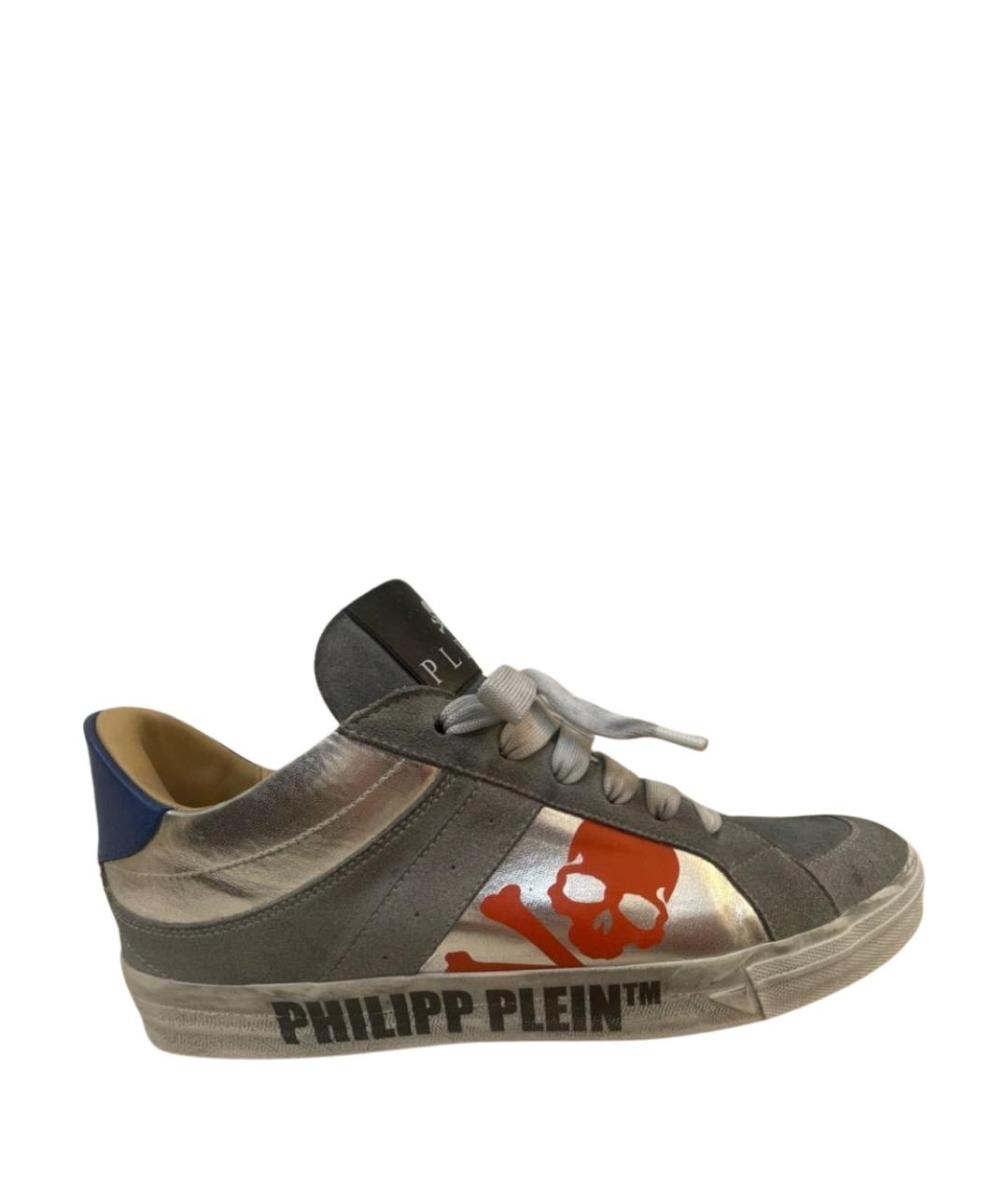 PHILIPP PLEIN Серебряные кожаные низкие кроссовки / кеды, фото 1