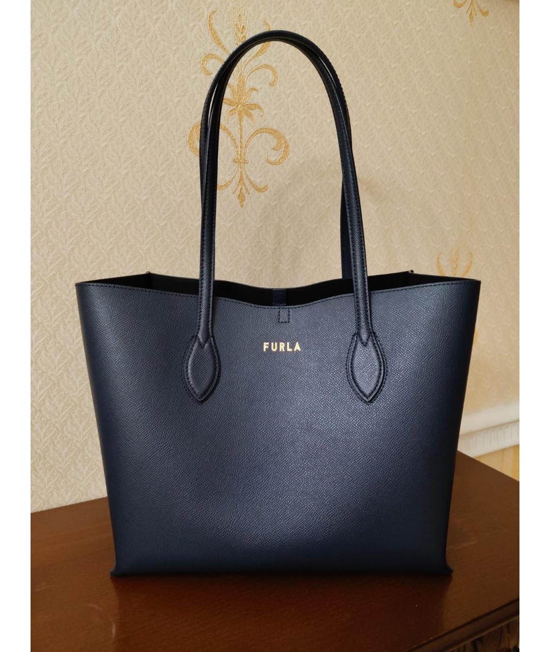 FURLA Темно-синяя кожаная сумка тоут, фото 3
